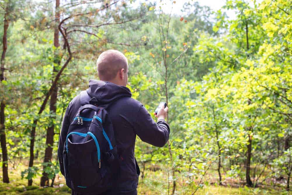 Man uses GPS in a forest